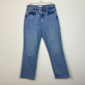 Zara Women's High Rise Straight Leg Jeans Raw Hem Light Blue Relaxed Fit